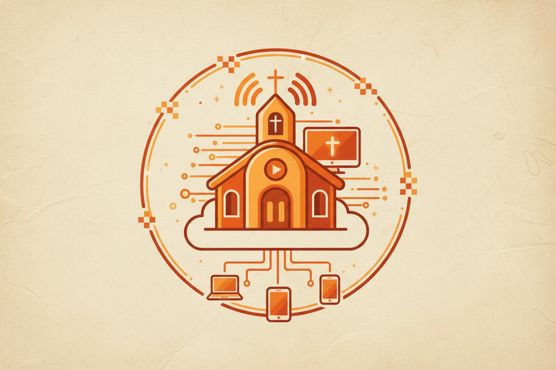a 512px wide vector style image representing an online church with a orange tone and parchment style background