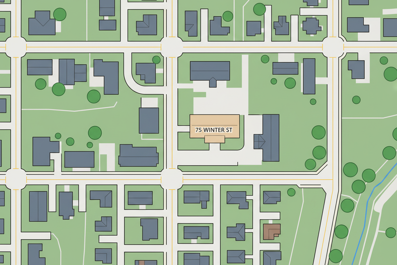 a 512px wide vector styled sattelite image of 75 Winter Street
Claremont, NH 03743