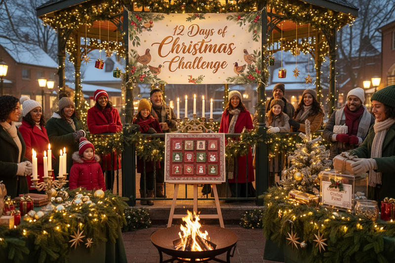 An image conveying a 12 Days of Christmas Challenge that involves giving and a local fund raising event