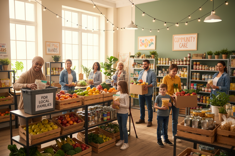 an image conveying donating to a local food bank to help local families