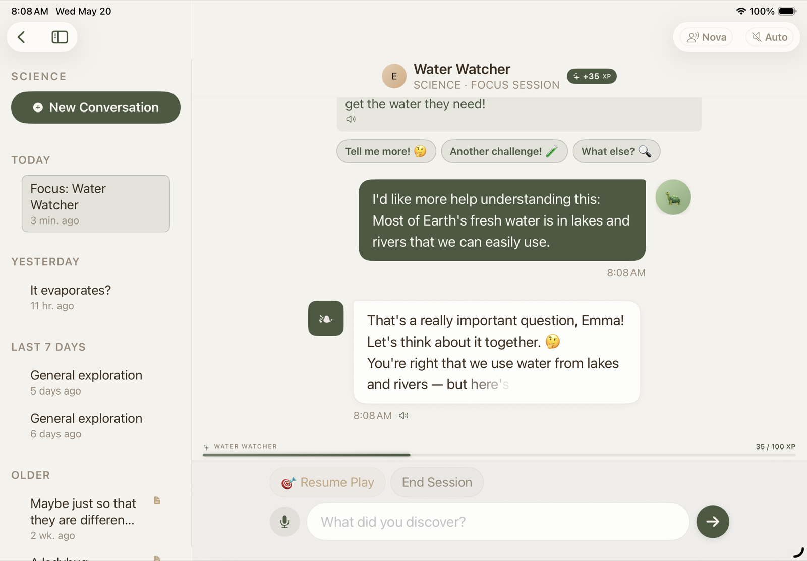 A Socratic science session in Forage Academy — a child exploring where Earth's fresh water is found, guided by friendly AI questions