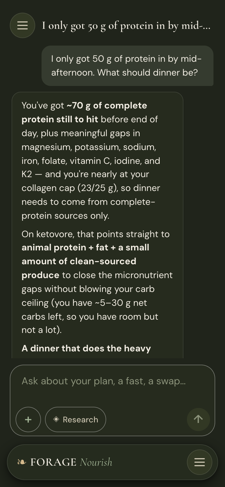 An Ask reply naming the protein still to reach, the day's open mineral and vitamin gaps, and a collagen ceiling already nearly met