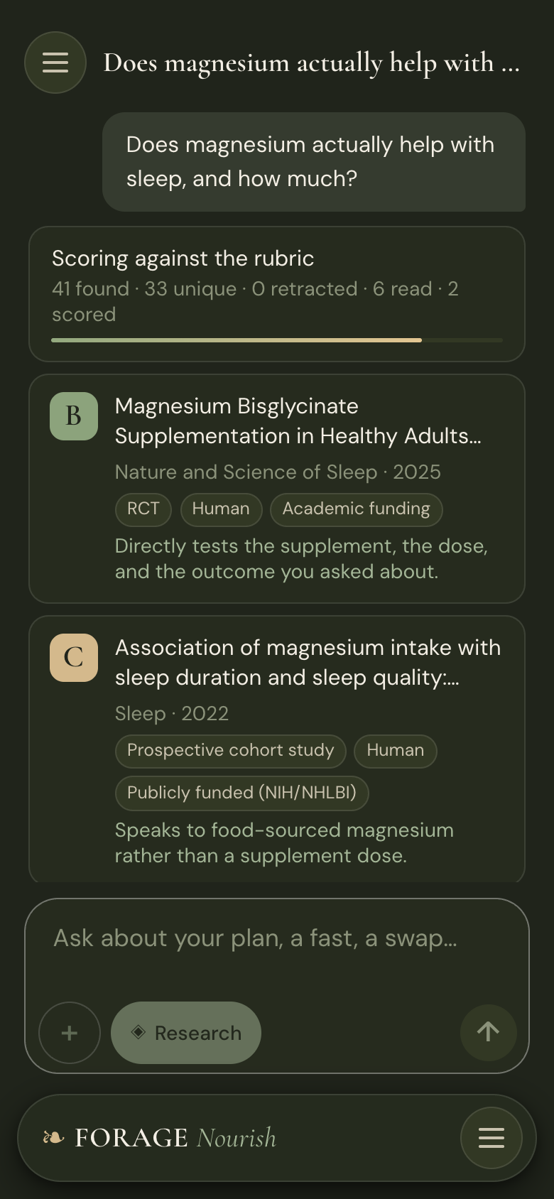 Two graded study cards: a B-graded randomized controlled trial tagged Human and Academic funding, and a C-graded prospective cohort study tagged Publicly funded
