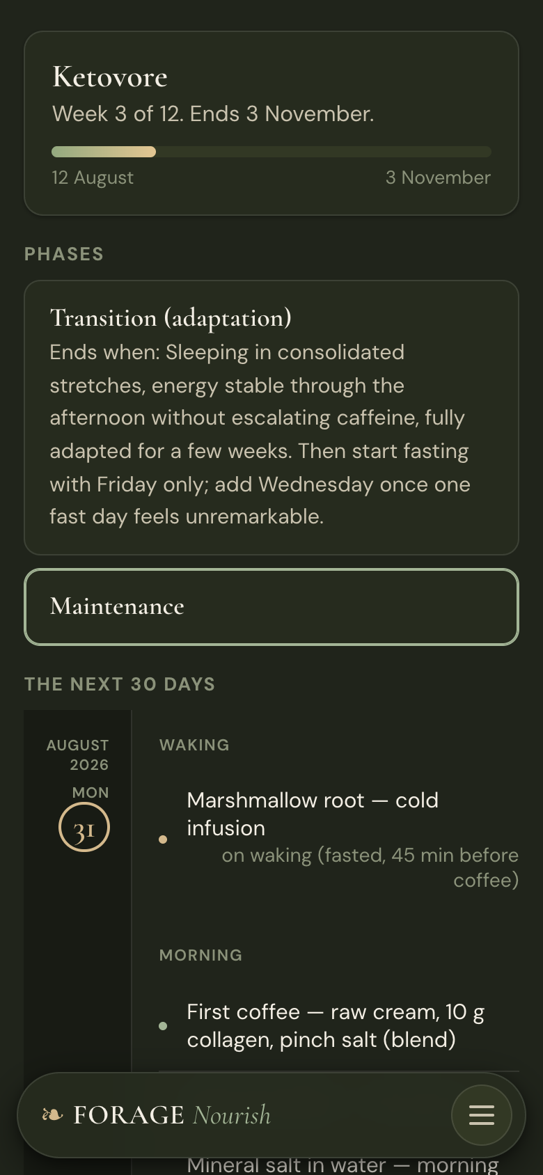 A protocol timeline showing week 3 of 12, a transition phase with written exit conditions, a maintenance phase ahead, and the next thirty days scheduled by time of day