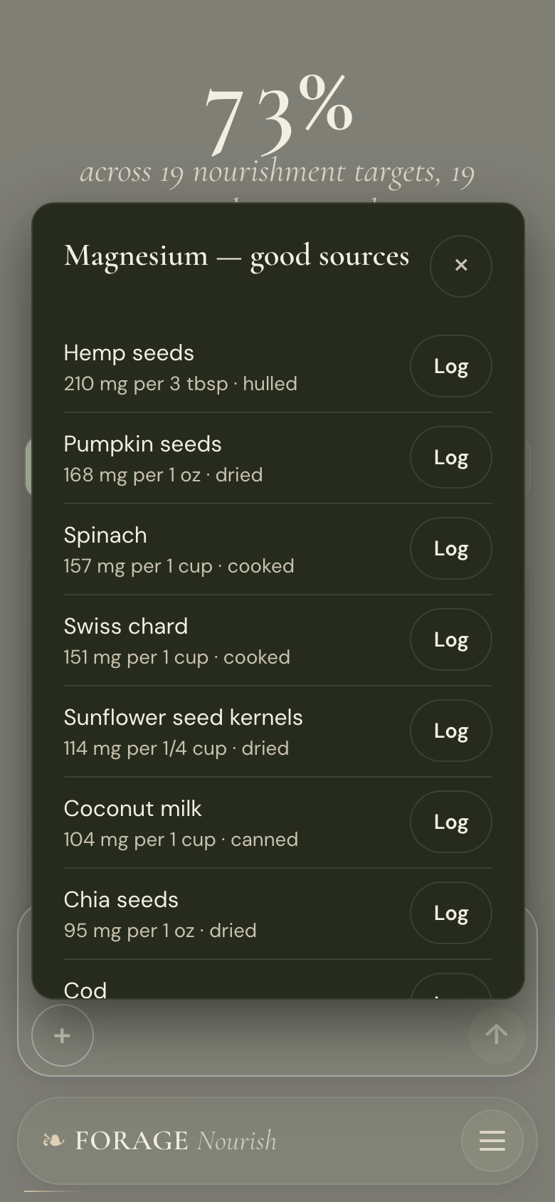 A ranked list of good magnesium sources: hemp seeds, pumpkin seeds, spinach, Swiss chard and more, each showing the milligrams in one real portion with a Log button