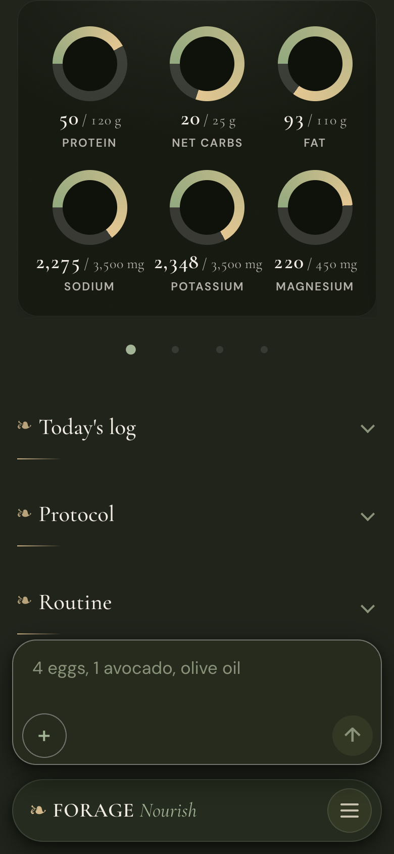 Six donut gauges showing protein, net carbs, fat, sodium, potassium and magnesium, each against the day's own target