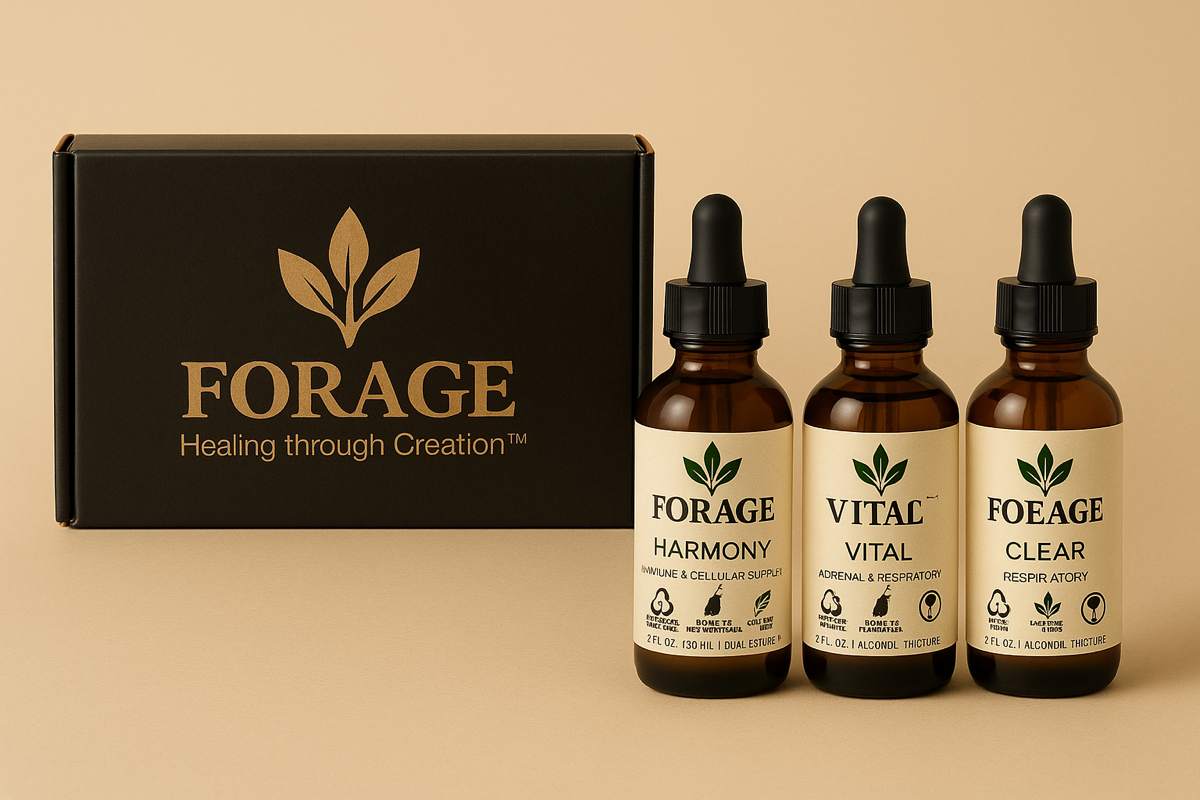 The Vital Defense box — Harmony, Vital, and Clarity tinctures crafted by Forage Healing